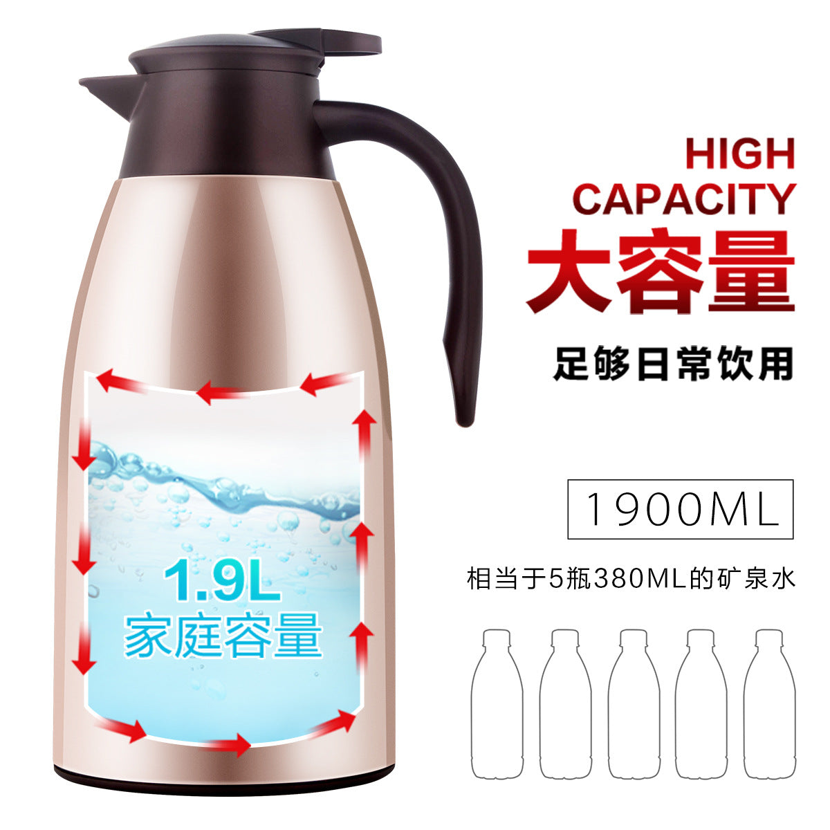 大容量家用玻璃内胆热水瓶一键倒水旋转壶盖不锈钢外壳把手水壶Large-Capacity Household Glass-Lined Electric Kettle with One-Touch Pouring, Rotating Lid, Stainless Steel Body, and Handle