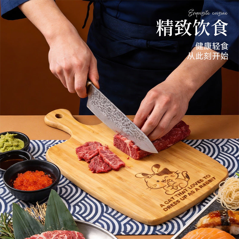 家逸喵兔相伴料理板（小号）KAYI Bamboo Cutting Board with Handle Small Size Kitten Rabbit Carving