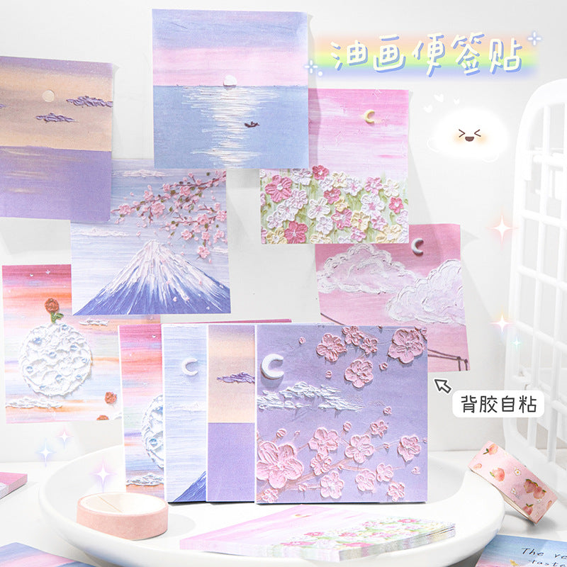 油画立体风景手帐便签纸学生留言纸随手撕便利贴春日Oil Painting 3D Landscape Journal Sticky Notes, Student Note Paper, Tear-Off Sticky Notes, Spring