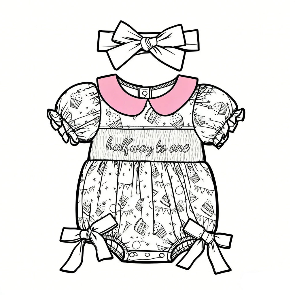 婴幼儿女童短袖头花连体哈衣套装娃娃领刺绣包屁衣 Short-Sleeve Ruffle-Trimmed One-Piece Romper Set for Infant and Toddler Girls with Peter Pan Collar and Embroidered Romper