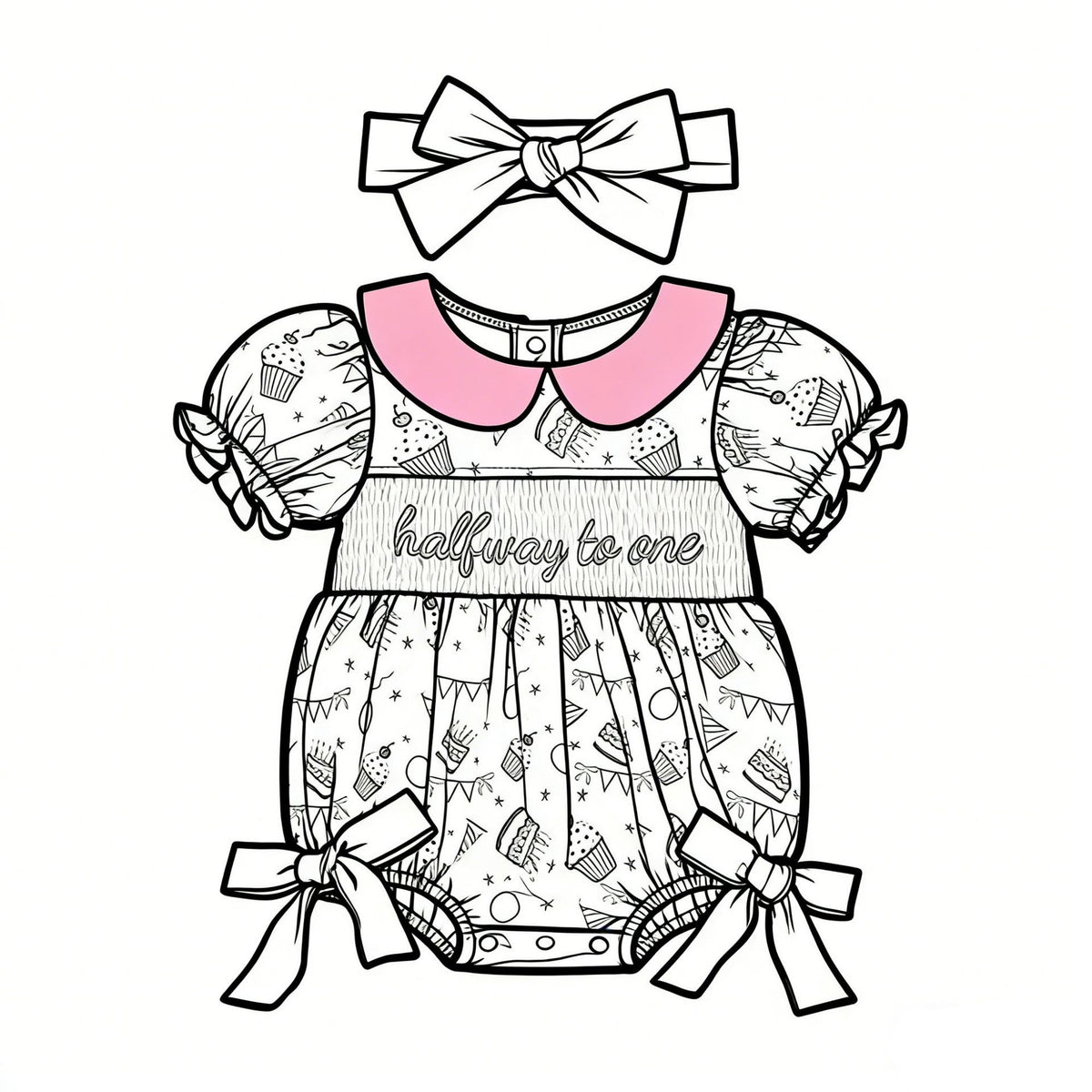 婴幼儿女童短袖头花连体哈衣套装娃娃领刺绣包屁衣 Short-Sleeve Ruffle-Trimmed One-Piece Romper Set for Infant and Toddler Girls with Peter Pan Collar and Embroidered Romper