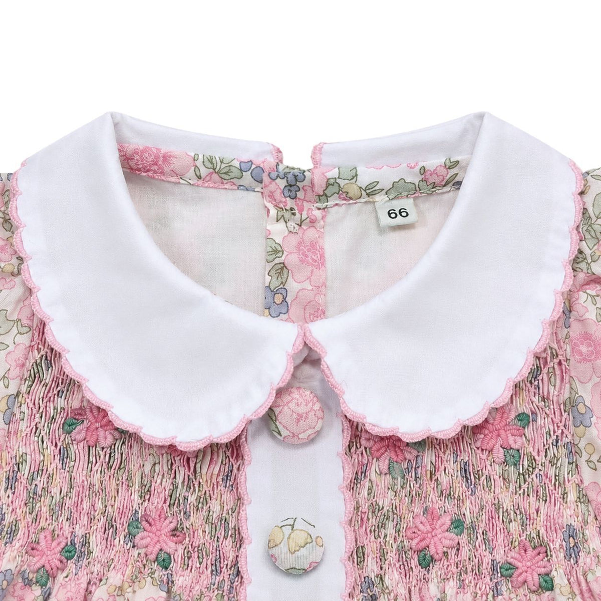 粉色打揽碎花泡泡袖娃娃领甜美女童短袖连衣裙 Pink Ruffled Floral Print Short-Sleeve Dress with Puffed Sleeves and Peter Pan Collar for Cute Little Girls