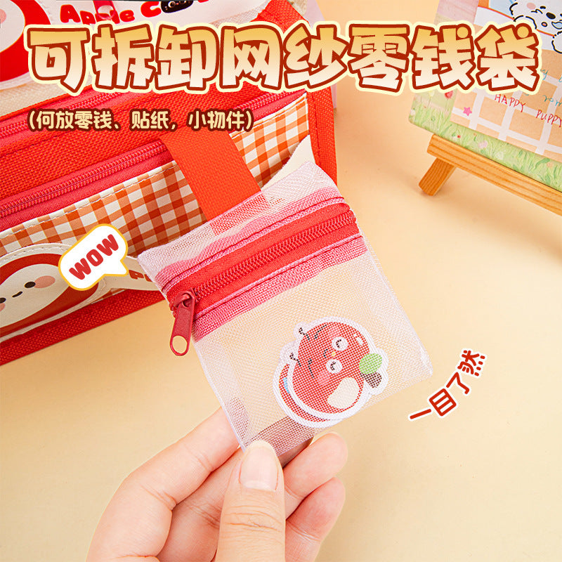 苹果猫卡通分层多层笔袋文具袋高颜值大容量小学生儿童 Apple Cat Cartoon Layered Pencil Case / Stationery Pouch