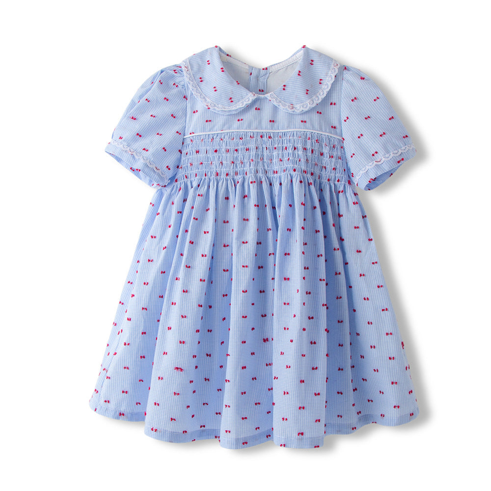 女童连衣裙短袖童裙打揽裙子彩点棉布花边领可爱公主裙 Girls' Dress, Short-Sleeve, Flared, Polka-Dot Cotton, Lace Collar, Cute Princess Dress