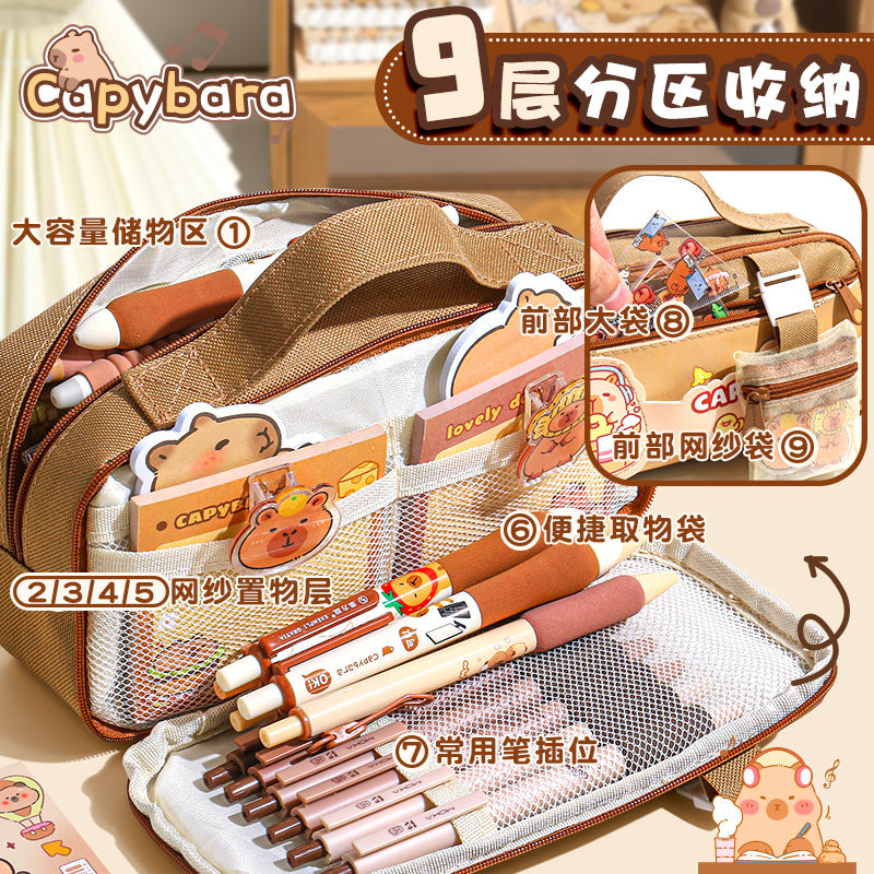 卡皮巴拉9层提手笔袋 学生大容量笔袋ins风小学生笔盒 Capybara 9-Layer Pen Case with Handle—Large-Capacity Student Pen Case for Elementary School Students