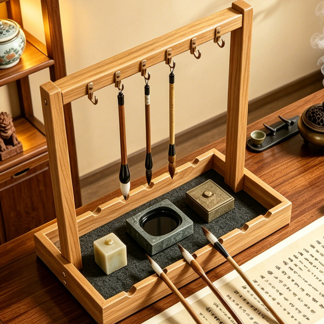 毛笔收纳架桌面笔挂笔架学生文房四宝实木展示架悬挂式书法笔托架Calligraphy brush storage rack, desktop brush holder, student’s ‘Four Treasures of the Study’, solid wood display stand, wall-mounted calligraphy brush holder