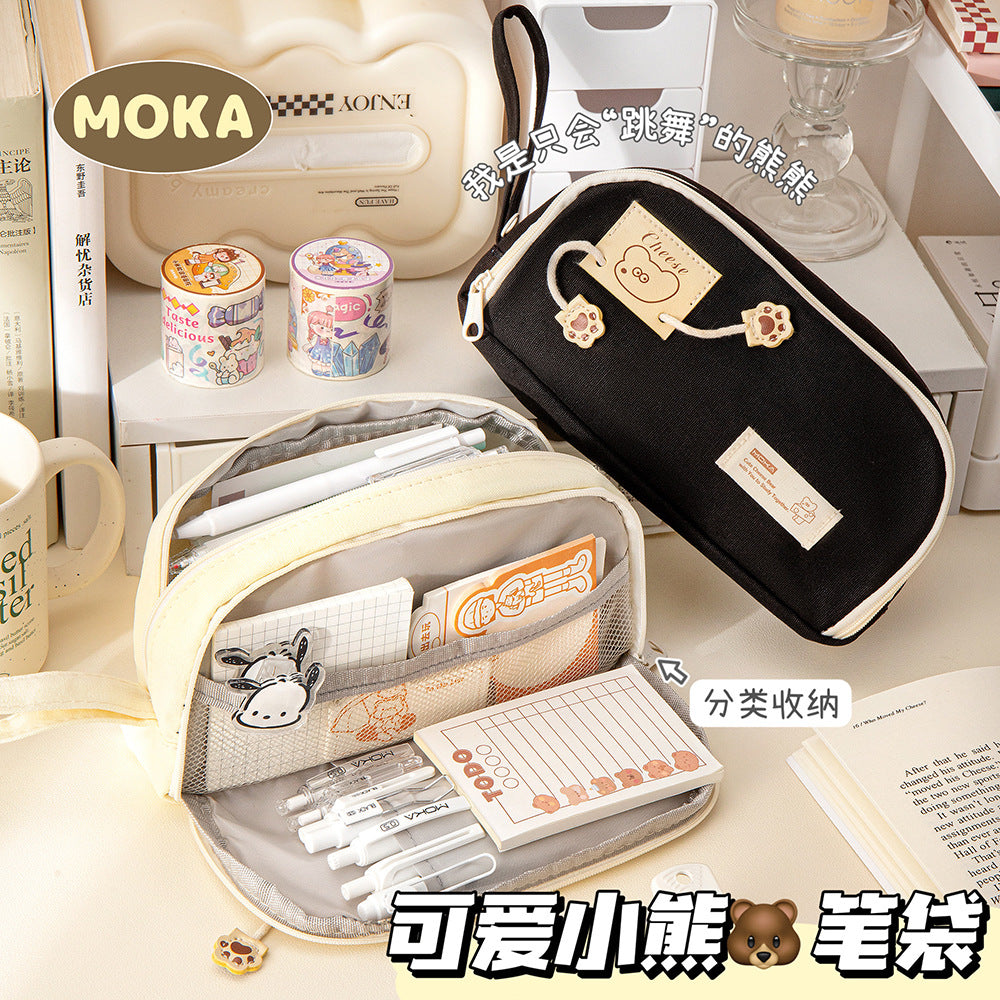 MOKA跳舞小熊笔袋提手大容量笔盒简约卡通提手帆布文具袋盒 MOKA Dancing Bear Pencil Case with Handle—Large-Capacity Pencil Case, Minimalist Cartoon-Style Handle, Canvas Stationery Bag