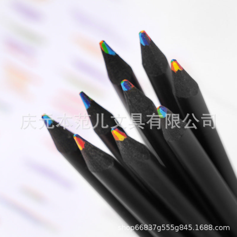跨境彩虹7色黑木彩铅油性 12支Cross-Border Rainbow 7-Colour Black Wood Oil-Based Coloured Pencils, 12-piece set