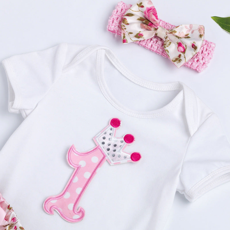 宝宝潮流时尚纯色卡通贴布绣1字周岁节日哈衣碎花PP短裤套装Trendy Baby Solid-Color Cartoon “1” First Birthday Floral Print Onesie and Shorts Set