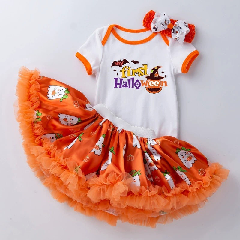 万圣节主题宝宝派对礼服短袖哈衣半身裙发饰3件婴儿套装Halloween-Themed Baby Party Outfit: Short-Sleeve Onesie, Skirt, and Hair Accessory—3-Piece Baby Set