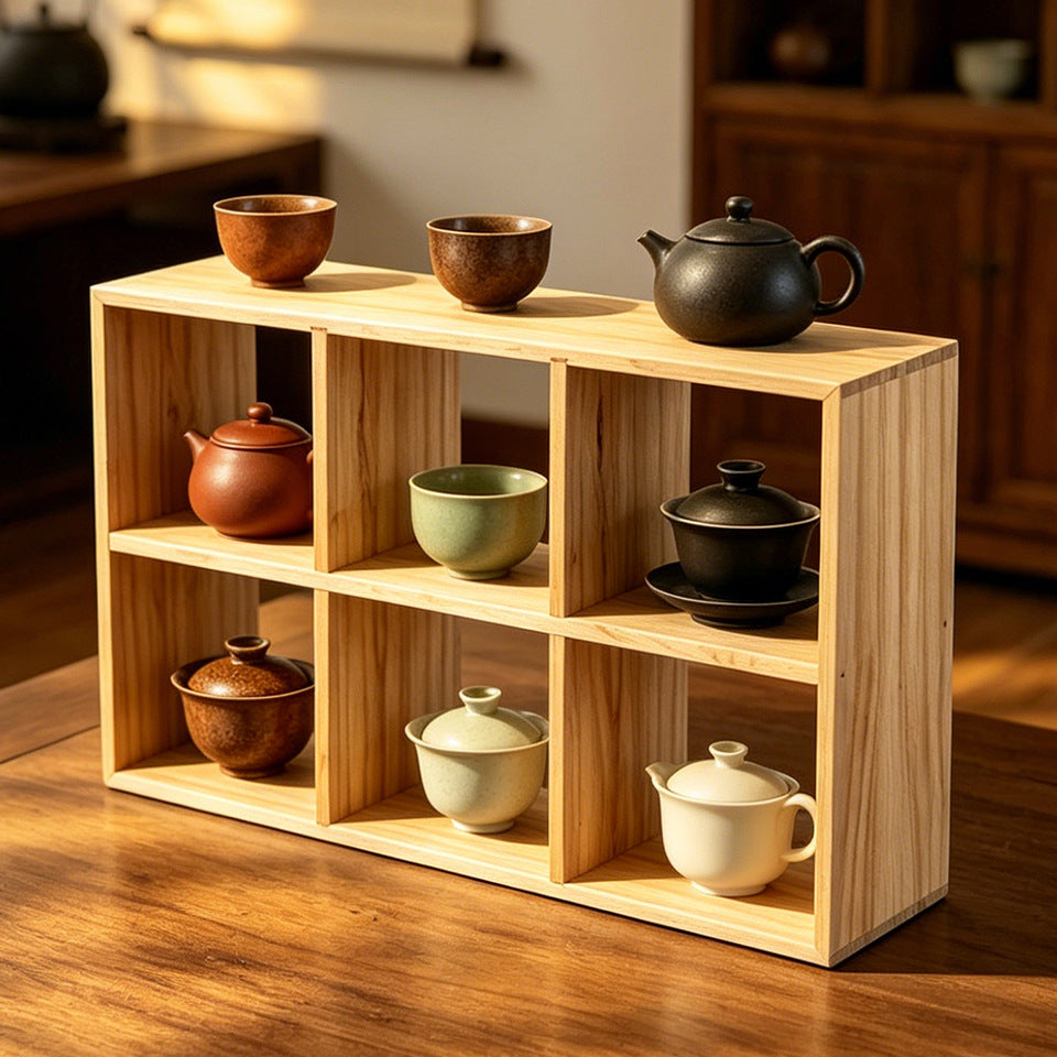 实木茶杯架子茶壶架多宝格复古茶具博古架手工收纳架六宫格茶架Solid wood teacup rack, teapot stand, display cabinet, vintage tea set cabinet, handcrafted storage rack, six-compartment tea rack