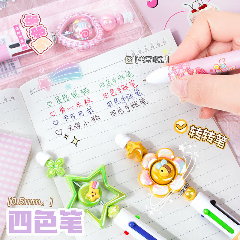 魔卡串串乐四色手账笔转转笔圆珠笔创意多色中油笔按动学生可爱Magic Card Skewer Fun Four-Color Planner Pen, Spinning Pen, Ballpoint Pen, Creative Multi-Color Medium-Flow Pen, Push-Button, Student-Friendly, Cute