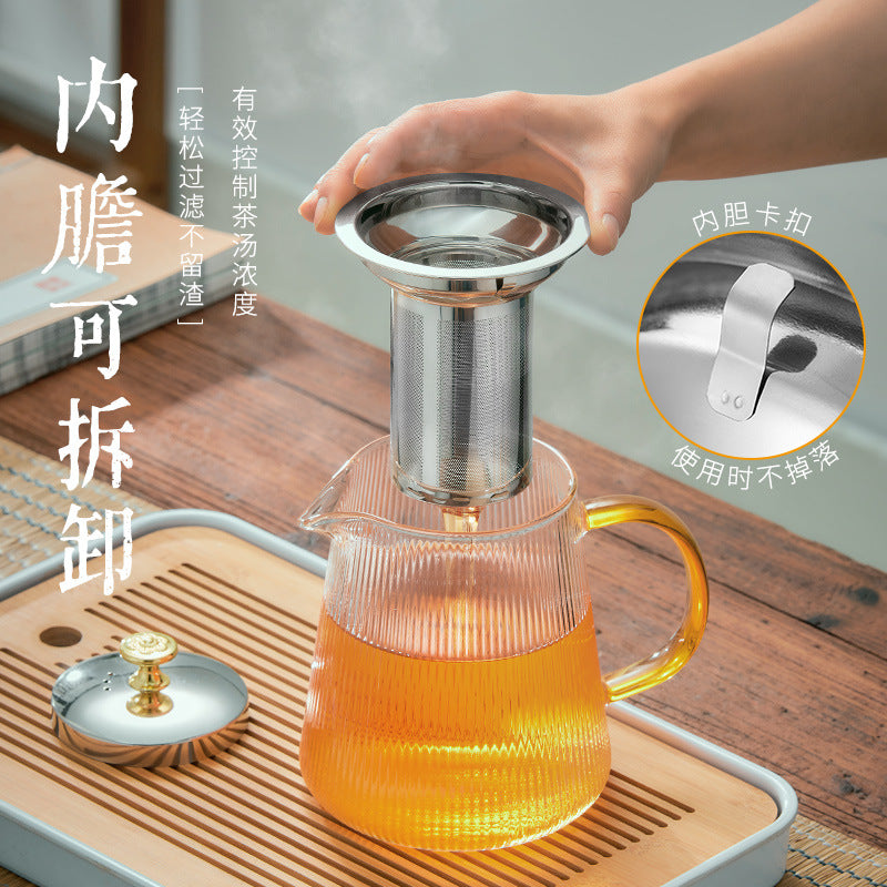 家用电陶炉养生泡花茶茶壶 酒店饭馆带把竖纹耐热玻璃煮茶壶Home-Use Ceramic Electric Teapot for Health-Promoting Flower Tea; Heat-Resistant Glass Teapot with Handle and Vertical Stripes for Hotels and Restaurants