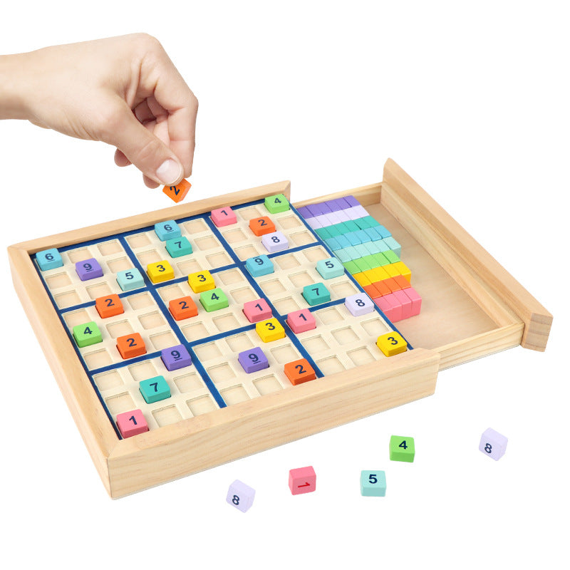 经典三合一九宫格木制数独游戏棋小学生教具儿童益智力玩具数字棋Classic 3-in-1 9-square grid wooden Sudoku game – educational aid for primary school pupils and a brain-boosting toy for children