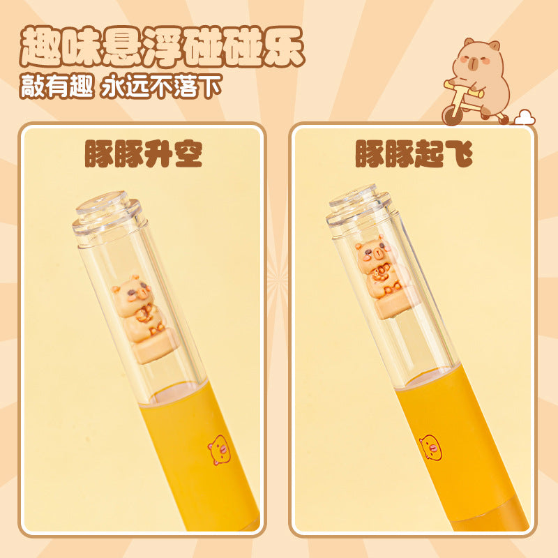 卡通卡皮悬浮扭扭笔高颜值中性笔书写顺滑黑色学生刷题笔 Cartoon-themed Capi Floating Twist Pen: Stylish Ballpoint Pen with Smooth Writing, Black, Ideal for Students Studying for Exams