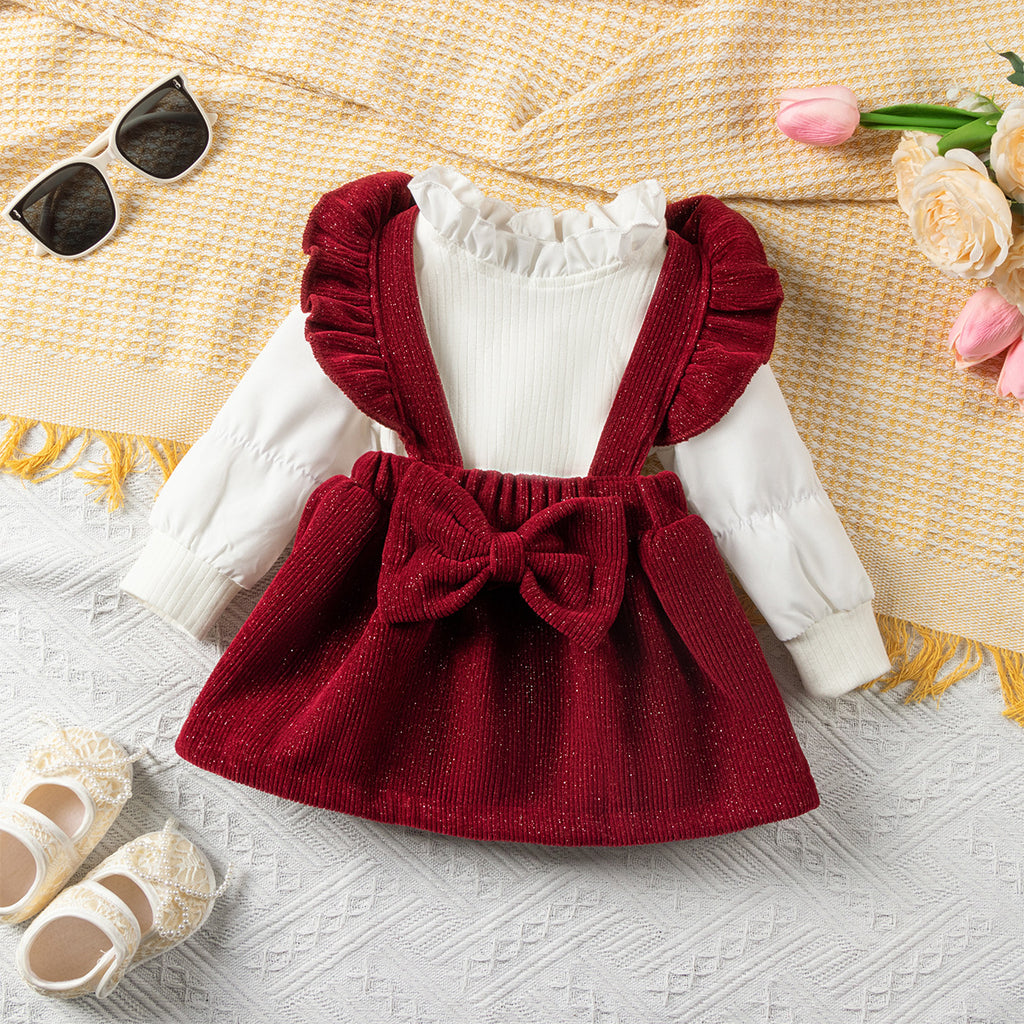 女童套装女宝宝加厚打底衫木耳花边裙子两件套圣诞 Girls' Outfit Set: Baby Girl Thickened Base Layer Top and Ruffle Skirt Two-Piece Set for Christmas