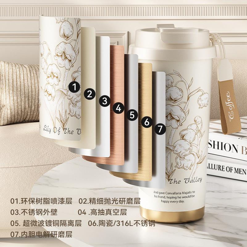 捷安玺铃兰花保温杯咖啡杯女高颜值便携随行杯子吸管水杯Lily of the Valley Insulated Coffee Mug for Women—Stylish, Portable Travel Mug with Straw
