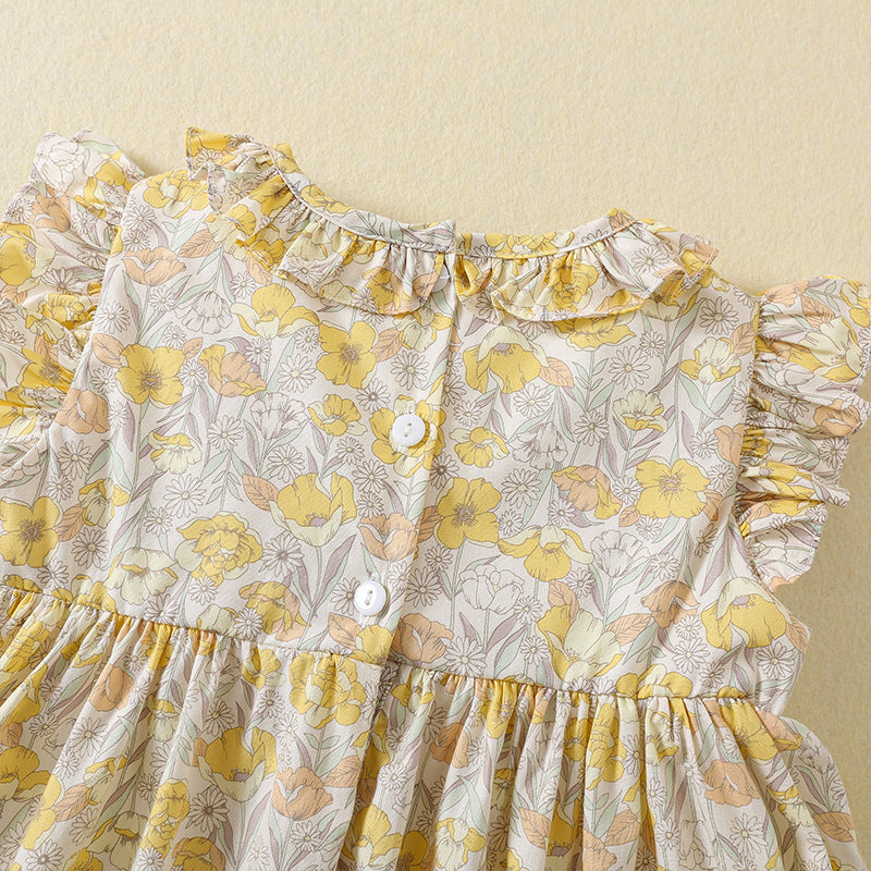 女童连衣裙雏菊刺绣田园复古打揽碎花小飞袖公主裙清新 Girls' Dress: Daisy Embroidery, Rustic Vintage Style, Ruffled Floral Print, Cap Sleeves, Princess-Style, Fresh and Charming