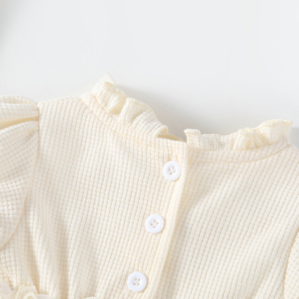 春秋女宝宝蕾丝长袖连体包屁衣花边领华夫格女童哈衣裙 Spring/Fall Girls' Lace Long-Sleeve Rompers with Lace Collar and Waffle-Patterned Dresses