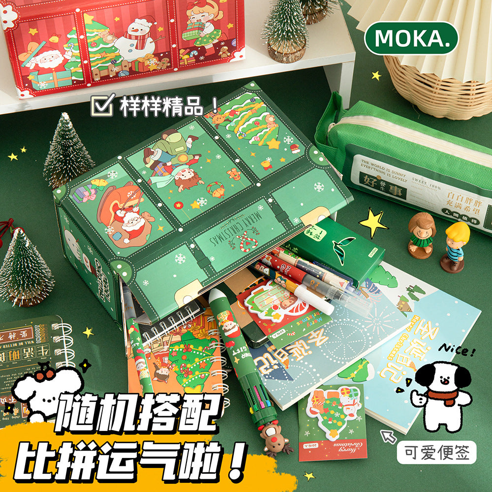 MOKA圣诞学生文具套装手提款幸运盲盒卡通惊喜学生礼物 MOKA Christmas Student Stationery Set: Carry-Style Lucky Mystery Box—Cartoon Surprise Gift for Students