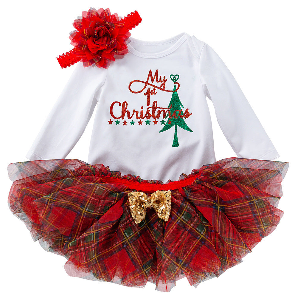 圣诞节宝宝套装婴儿秋装长袖哈衣tutu裙圣诞节日服 Christmas Baby Outfit Set: Fall Baby Clothing, Long-Sleeve Onesie, Tutu Skirt, Christmas Holiday Outfit