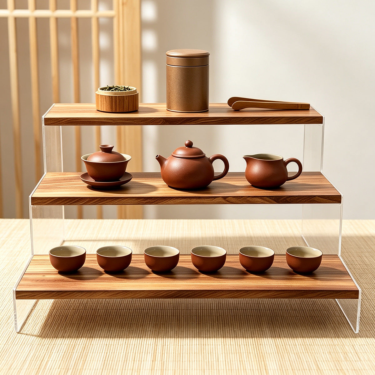 简约桌面多层置物架木质家用茶具杯子加宽摆放收纳架餐边柜陈列架Minimalist multi-tiered wooden desktop storage rack for home use; tea sets and cups; wide display and storage rack; sideboard display stand