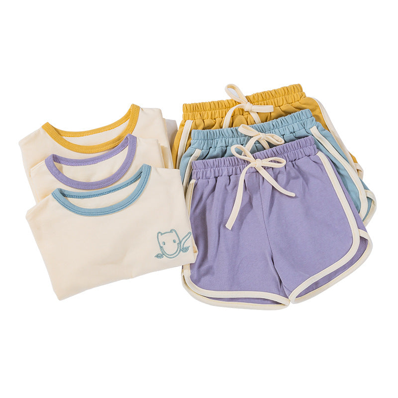 夏薄款男女宝宝休闲纯棉两件套卡通刺绣T恤短裤套装 Two-Piece Set for Baby Boys and Girls: T-Shirt and Shorts Set with Cartoon Embroidery