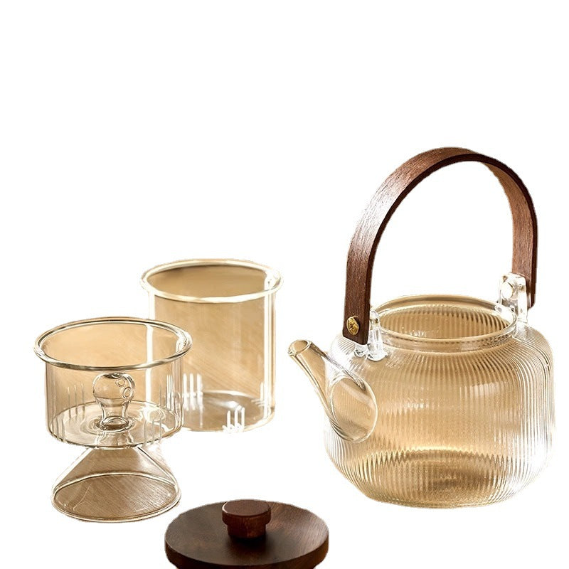 玻璃煮茶壶竖纹茶具套装电陶炉煮茶器下午围炉蒸泡白茶提梁烧水壶Glass Teapot with Vertical Stripes, Tea Set, Electric Ceramic Stove, Tea Maker, Afternoon Tea Set for Steaming and Brewing White Tea, Handle-Style Kettle