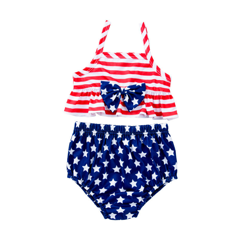 美国独立日宝宝服饰套装印花字母无袖T恤条纹短裤2件套Independence Day Baby Outfit Set: Printed Letter Sleeveless T-Shirt and Striped Shorts, 2-Piece Set