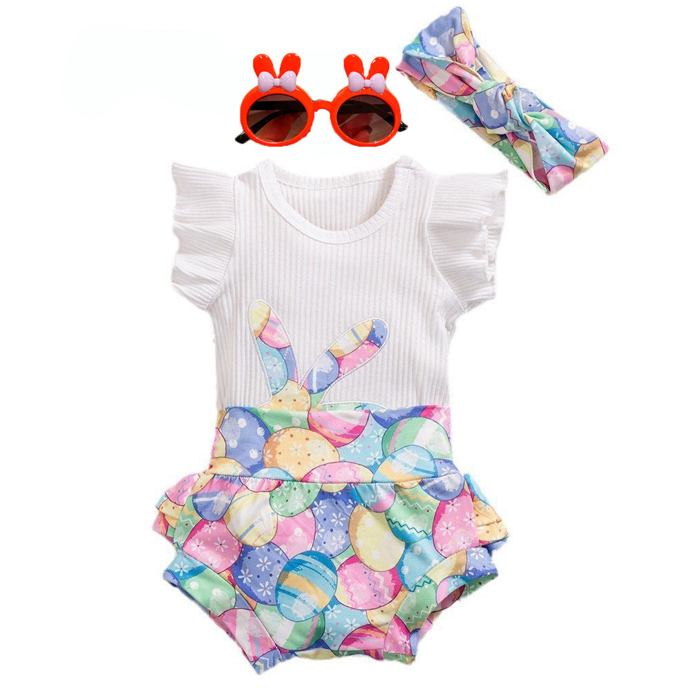 Easter女童飞袖哈衣兔子彩蛋PP裤Easter Girls' Ruffled-Sleeve Hoodie with Rabbit and Easter Egg Print, PP Pants