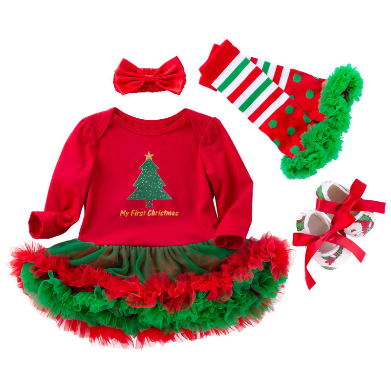 圣诞节女宝宝节日装婴儿春秋长袖红绿包屁裙公主哈衣裙四件套Christmas Outfit for Baby Girls: Spring/Fall Long-Sleeve Red and Green Rompers and Princess-Style Dresses—4-Piece Set