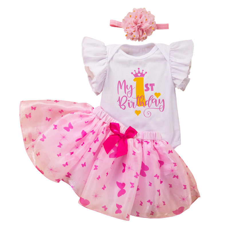 周岁节日套装卡通字母1字无袖哈衣蝴蝶结半身裙发饰3件套1st Birthday Party Set: Cartoon “1” Letter Sleeveless Romper, Bow Skirt, and Hair Accessory—3-Piece Trendy Set