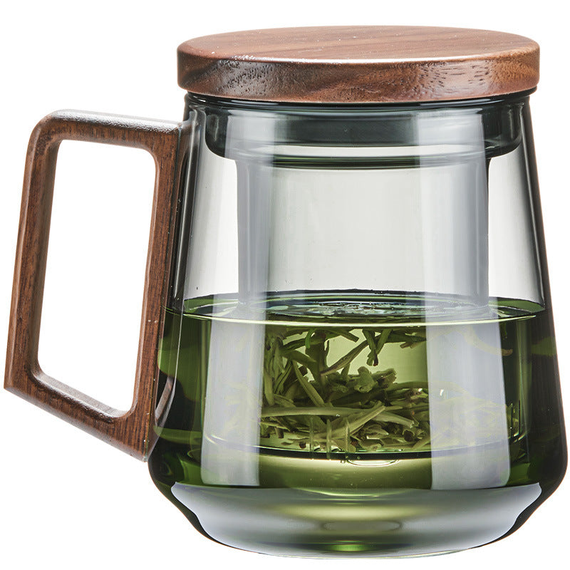 办公男士茶水分离泡茶杯 日式便携带盖带把带茶隔玻璃杯Men's Office Tea Cup with Tea-Water Separation Portable Glass Cup with Lid, Handle, and Tea Strainer