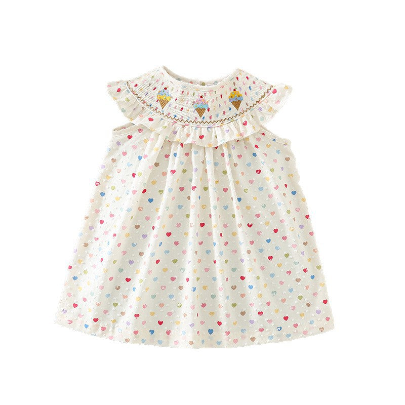 女童冰淇淋刺绣打揽连衣裙夏季女宝宝爱心印花棉布公主裙 Girls' Ice Cream Embroidered Summer Dress—Baby Girl's Heart-Print Cotton Princess Dress