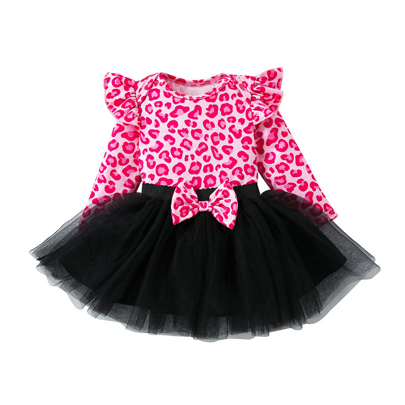 Baby Girl Party Dress Holiday Set: Stylish and Cute Leopard-Print Tulle Princess Dress with Flare Sleeves (2-Piece Set)
