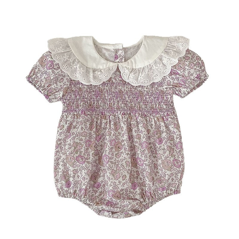 夏季女宝宝短袖打揽娃娃领连衣裙碎花裙姐妹装Girls' Short-Sleeve Ruffled Peter Pan Collar Dresses with Floral Print—Matching Outfits for Sisters