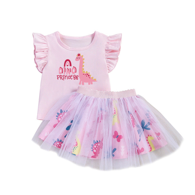 女童套装印花恐龙飞袖T恤半身公主裙2件套儿童节日礼服Girls' 2-Piece Set: Printed Dinosaur T-Shirt with Flare Sleeves and Princess Skirt—Trendy Children's Holiday Outfit
