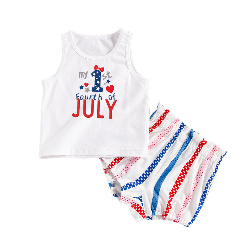 美国独立日套装印花字母无袖T恤条纹短裤2件套American Independence Day Baby Outfit Set: Printed Letter Sleeveless T-Shirt and Striped Shorts (2-Piece Set)