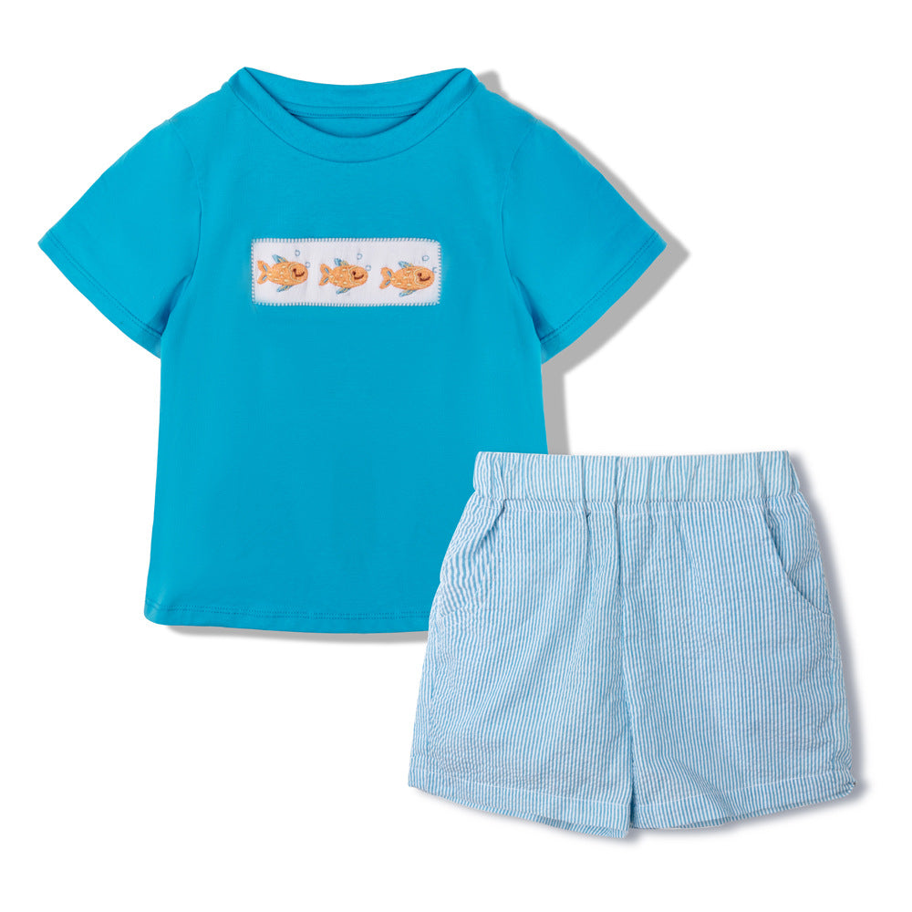 男童打揽刺绣短袖短裤童装儿童卡通刺绣套装 Boys' Embroidered Short-Sleeve T-Shirt and Shorts Set—Children's Cartoon Embroidered Outfit