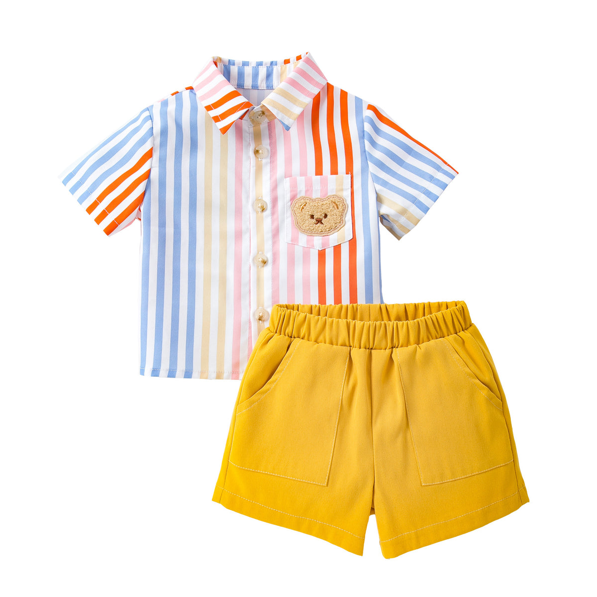 男婴童夏季套装宝宝卡通贴布小熊条纹短袖衬衫休闲短裤2件套Summer Outfit Set for Baby Boys: 2-Piece Set with Cartoon Bear Patch, Striped Short-Sleeve Shirt, and Casual Shorts