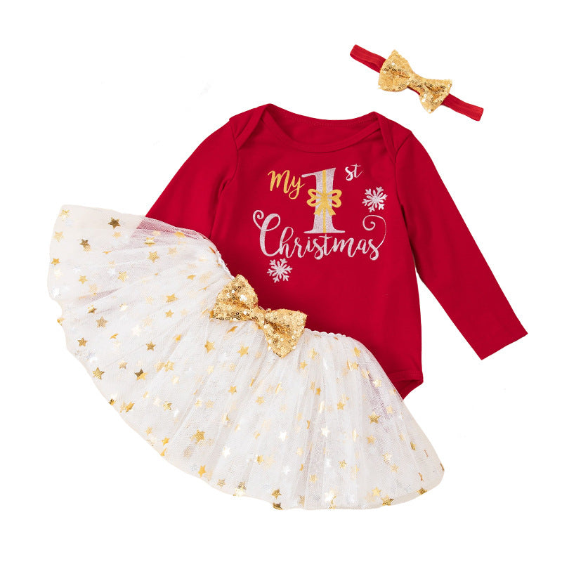 圣诞节宝宝套装婴儿秋装长袖哈衣tutu裙圣诞节日服 Christmas Baby Outfit Set: Fall Baby Clothing, Long-Sleeve Onesie, Tutu Skirt, Christmas Holiday Outfit