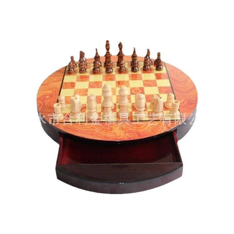 木制抽屉国际象棋 圆棋盘 迷你国际象棋 亲子游戏聚会游戏Wooden Drawer Chess Set, Round Chessboard, Mini Chess Set, Family and Party Games