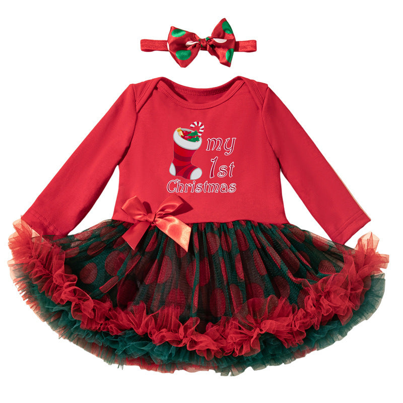 圣诞节秋冬女宝宝婴幼儿童长袖哈衣裙发饰两件套Christmas Fall/Winter Two-Piece Set for Baby Girls and Young Kids: Long-Sleeve Onesie Dress and Hair Accessory