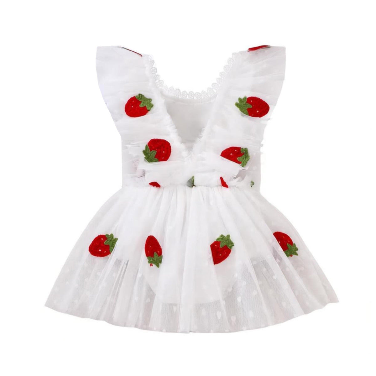 婴幼女童夏季哈衣草莓贴布连体衣绣花波点网纱裙 Summer Romper for Infants and Toddler Girls with Strawberry Patch, Embroidered Polka-Dot Tulle Skirt