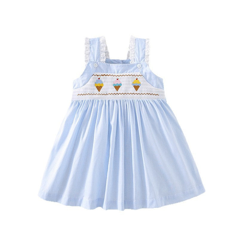 夏季女童无袖打揽连衣裙精美刺绣公主裙女宝宝背带裙Summer Sleeveless Wrap Dress for Girls, Exquisitely Embroidered Princess Dress, Baby Girl Overalls