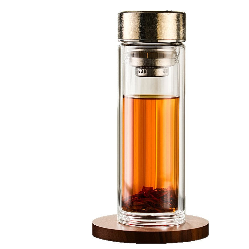 双层耐高温玻璃杯商务办公泡茶杯纯钛杯盖茶漏把手杯高档茶水杯Double-Walled High-Temperature-Resistant Glass Cup, Business Office Tea Cup, Pure Titanium Lid, Tea Strainer, Handle, High-End Tea Cup
