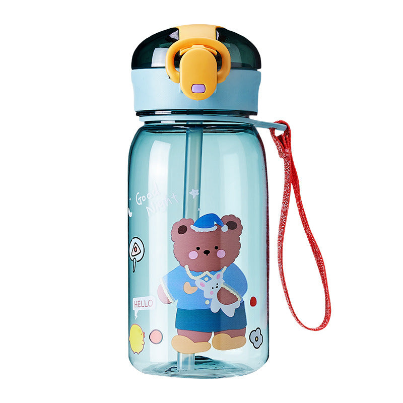 夏季卡通可爱小熊儿童塑料水杯 小学生便携提绳弹跳盖吸管杯 Summer Cute Cartoon Bear Children's Plastic Water Cup—Portable Strap, Bounce-Top, and Straw Cup for Elementary School Students