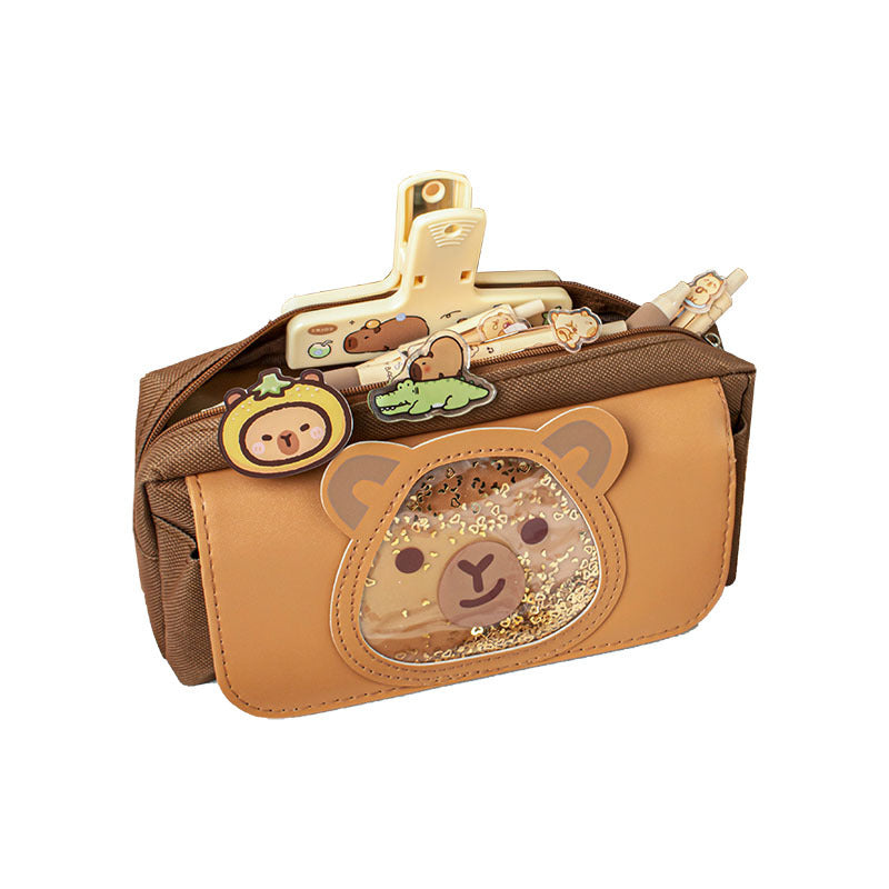 MOKA Cute Capybara Cartoon-Printed Large-Capacity Brown Stationery Pouch for Students