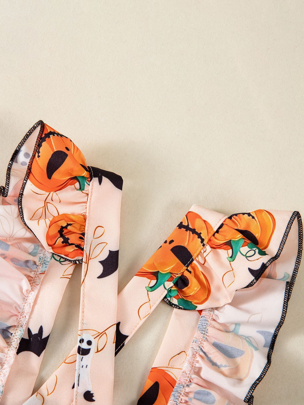 万圣节裙套装宝宝长袖三角哈衣荷叶边南瓜印花背带裙派对服 Halloween Dress Set for Babies: Long-Sleeve Triangle Rompers with Ruffles and Pumpkin Print Overalls—Party Outfit