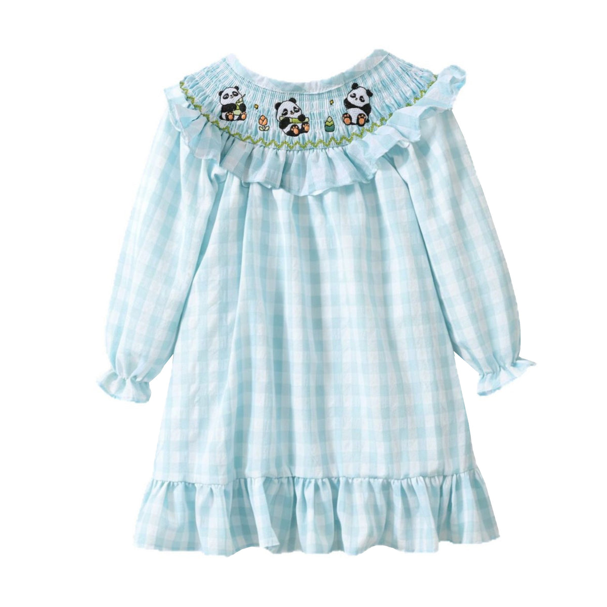 Smocked春季女童打揽连衣裙熊猫刺绣可爱格子公主裙 Smocked Spring Girls' Wrap Dress with Panda Embroidery—Cute Checkered Princess Dress